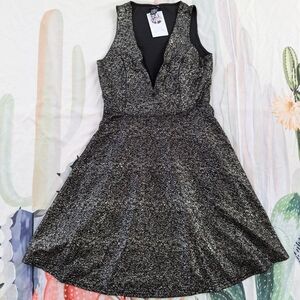 Rue 21 Black & Silver Metallic Shiny Plunge Neck Sleeveless Skater Dress